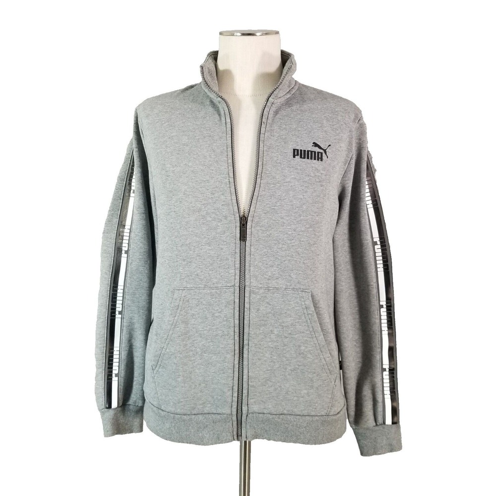 PUMA Jacket Mens Medium Gray Track Jacket Full Zip Fleece Logo Tape Athletic
